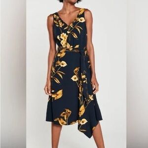 Ted Baker Callo Midi Dress Size 2 Fantasia Navy Gold Floral Asymmetrical